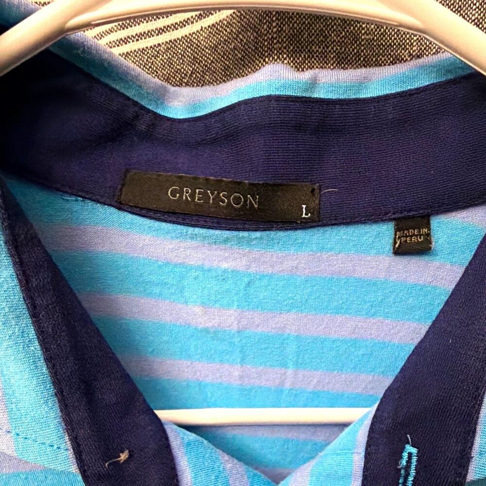 Greyson Men’s Large Golf Polo Blue Purple Stripe Pima Cotton Modal Stretch